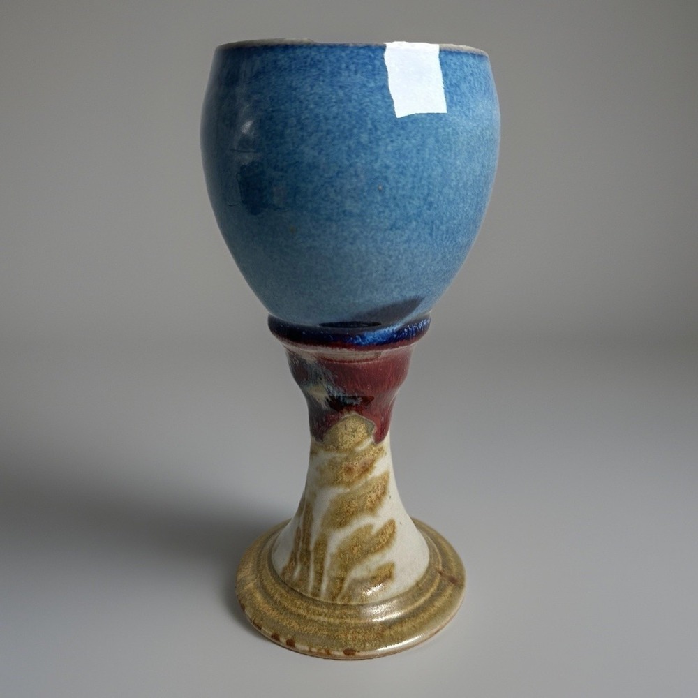 Studio Art Pottery Chalice Blue Red Stoneware Pedestal Cup Goblet Signed Saul